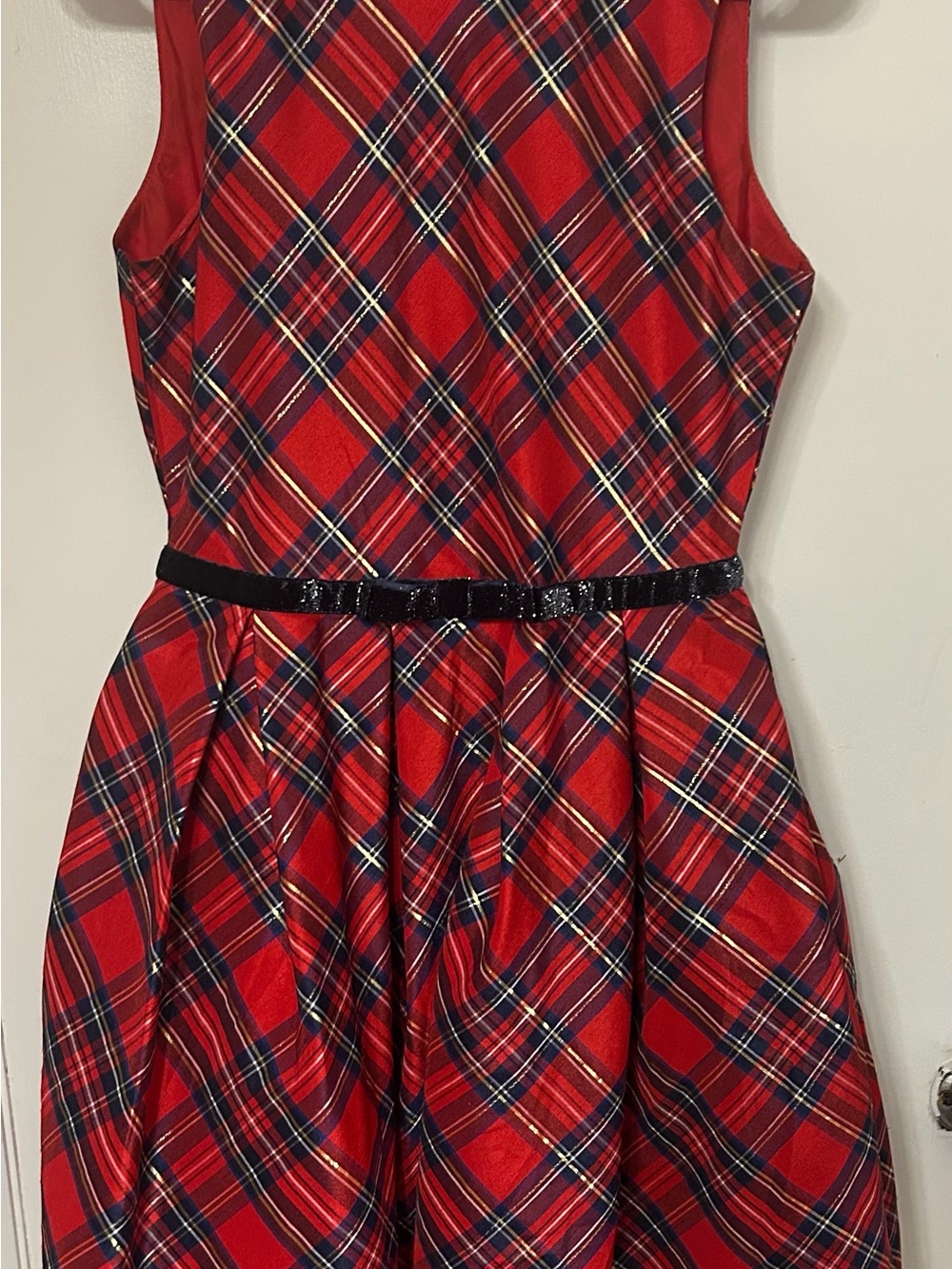 American Girl Red Plaid Sleeveless Dress with Black Sparkle Belt